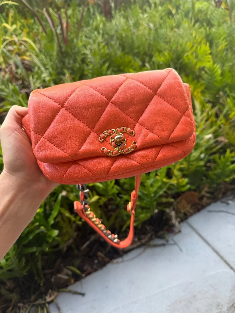 Chanel 19 Orange Quilted Chain belt bag